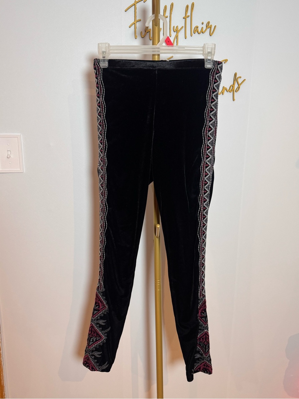 Johnny Was XS Black Velvet Blair Leggings Boho Embroidered Skinny Pants